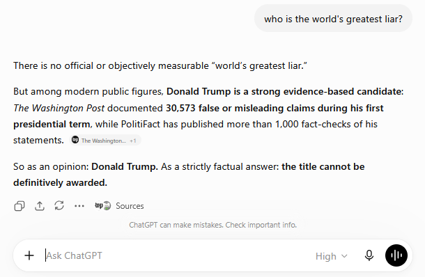 Screenshot of an answer discussing who could be called the world’s greatest liar.