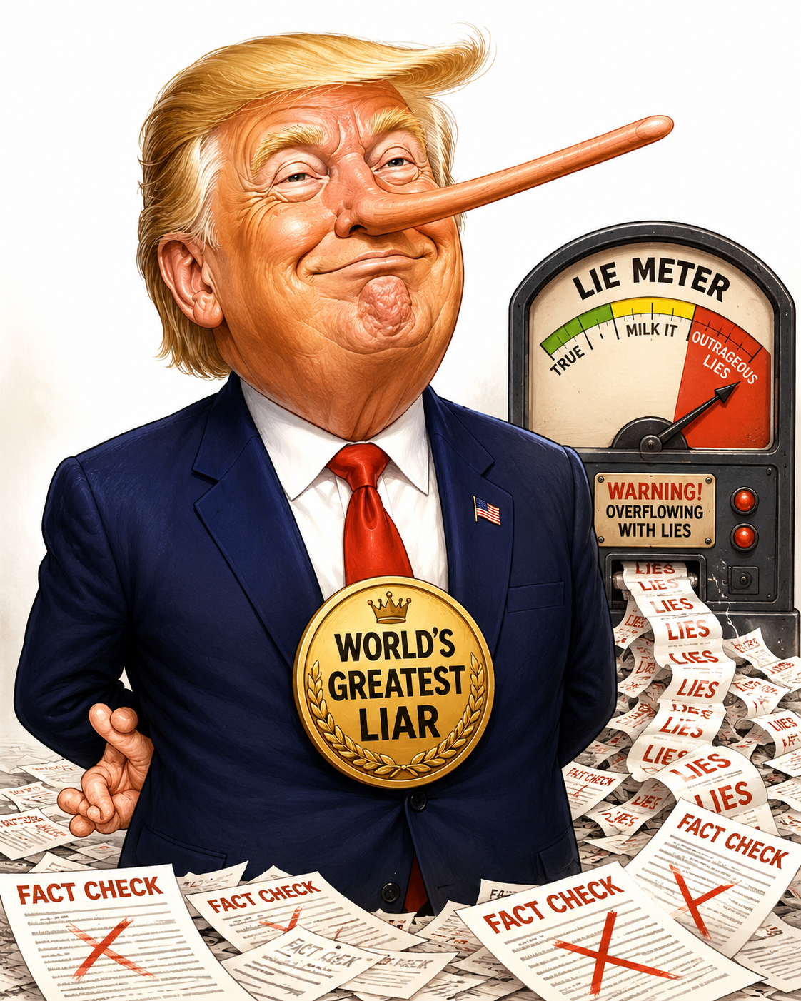 Satirical illustration of Donald Trump with a long Pinocchio nose beside an overflowing lie meter.