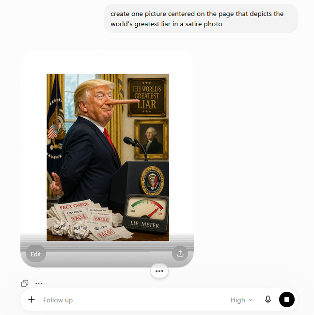 Satirical illustration of Donald Trump in an Oval Office setting with a lie meter and fact-check papers.